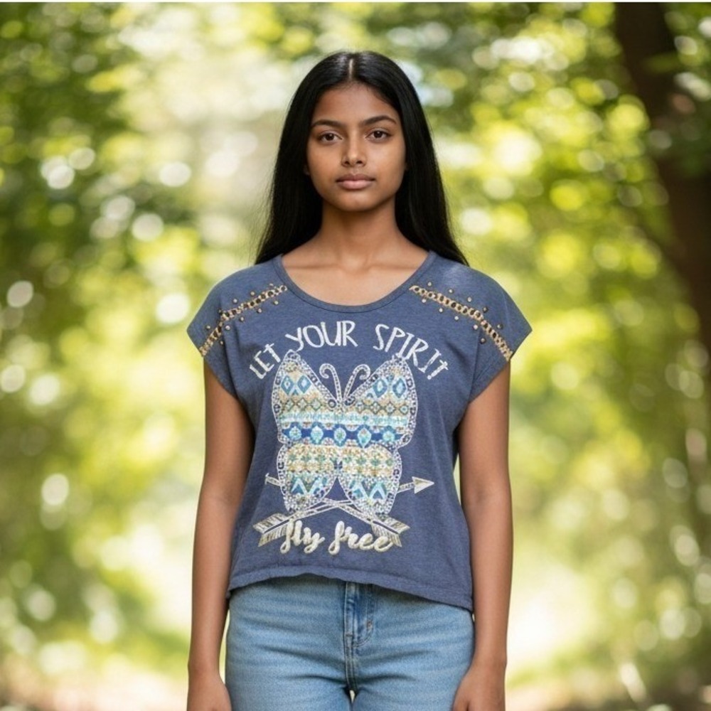 Beautees Blue Butterfly Graphic T-Shirt Let Your Spirit Fly Free Studded M